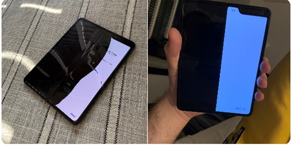 블룸버그의 마크 구먼은 화면좌우가 다른 색깔로 나타나고 표면이 운 화면을 촬영해 제시했다.(사진=마크 구먼 트위터)