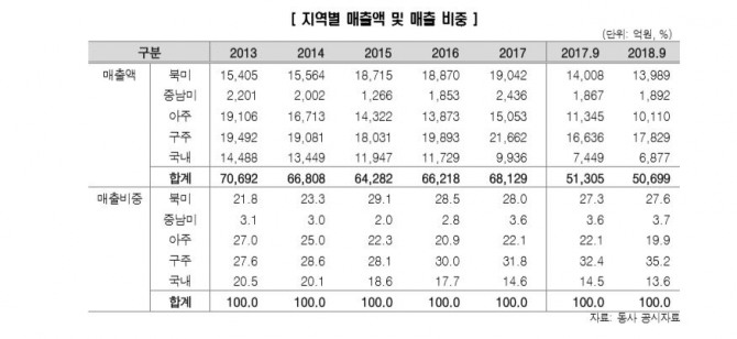 지역별 매출액과 매출 비중 추이 자료= 전자공시 