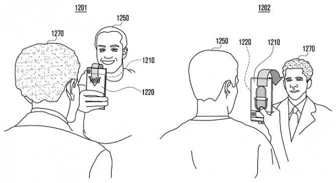 삼성전자가 특허를 낸 랩어라운드 스마트폰으로 대면 회화를 나누는 모습을 그린 삽화. 