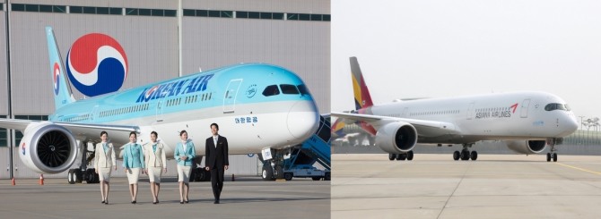 대한항공 항공기.(왼쪽), 아시아나항공 항공기.(오른쪽) 사진=각 사 제공