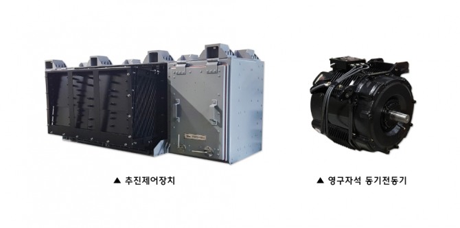현대로템이 개발한 영구자석 동기전동기(오른쪽)와 추진제어장치(왼쪽). 사진=현대로템