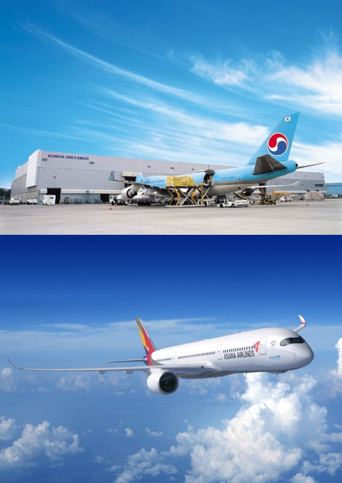 대한항공 화물 터미널. 사진=대한항공(위), 아시아나항공 항공기. 사진=아시아나항공(아래)