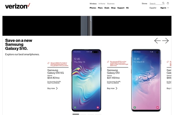 미국 최대 이통사 버라이즌이 자사 홈페이지에 삼성 갤럭시S10 5G폰을 소개하고 있다. (사진=버라이즌 홈페이지)