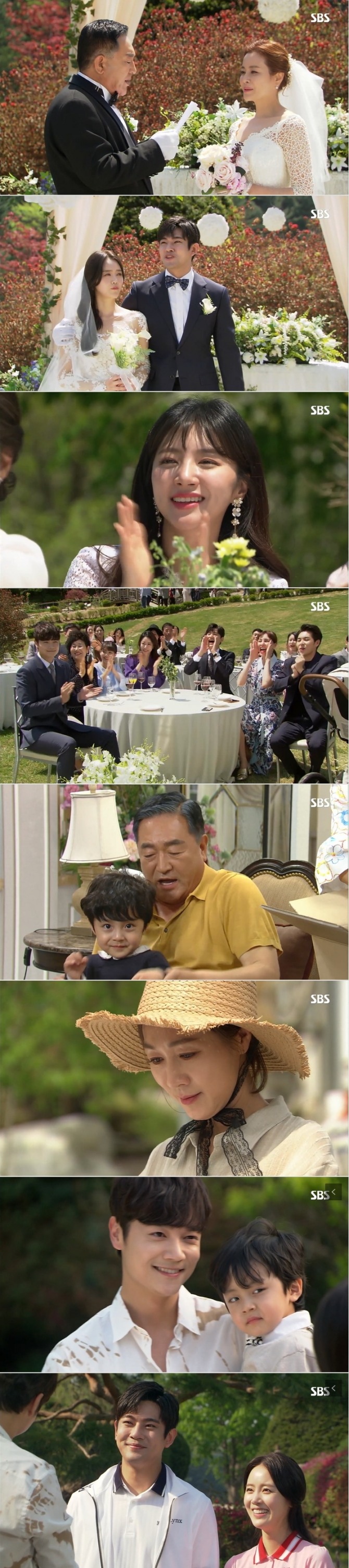 지난 17일 종영한 SBS 아침 일일드라마 '강남스캔들'(극본 박혜련, 연출 윤류해) 마지막회에서는 최서준(임윤호 분)과 은소유(심고은 분)가 최진복(임채무 분), 장미리(견미리 분)와 합동결혼식을 하며 헤피엔딩했다. 사진=SBS '강남스캔들' 마지막회 캡처