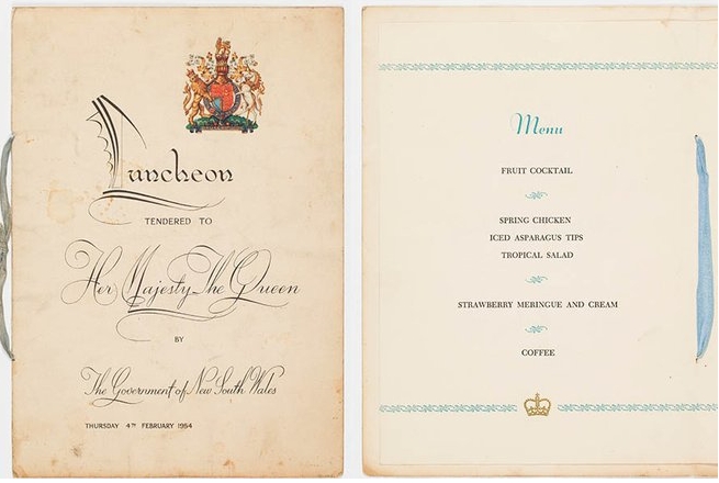 1954년 호주를 순방중이던 영국 엘리자베스 2세 여왕의 공식 오찬 메뉴.