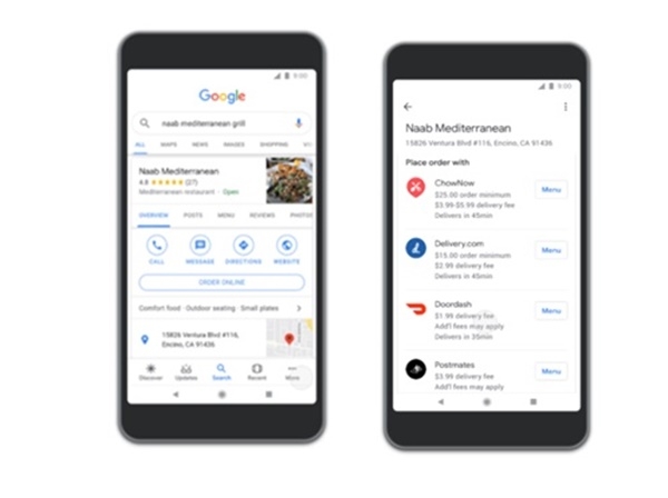 구글이 음식배달서비스업체와 손잡고 앱없이도 음식배달 주문을 할 수 있게 해주는 서비스에 들어간다. 결제를 구글페이로 하도록 하는 비즈니스모델이다. 왼쪽은 레스토랑과 음식을 선택한 모습이고, 오른쪽 화면은 구글과 음식배달 제휴를 맺은 배달서비스 회사다. (사진=구글) 