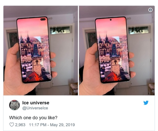 제품정보 사전유출자로 유명한 빙우주가 자신의 트위터에 갤록시S10플러스를 바탕으로 렌더링해 올린 갤럭시S10플러스(왼쪽)와 갤럭시노트10(오른쪽)(사진=@Ice Universe)