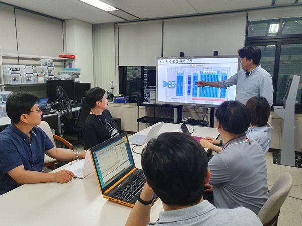 ETRI 연구진이 5G 기지국 기능 분산 장치 구조에 대해 토론하고 있다.(사진=ETRI)