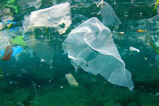 바다에 떠 다니는 플라스틱 폐기물.