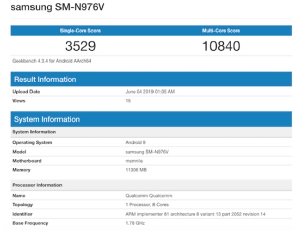 삼성 갤럭시노트10 버라이즌 모델로 추정되는 SM-N976V의 BMT 결과 (자료=기크벤치)