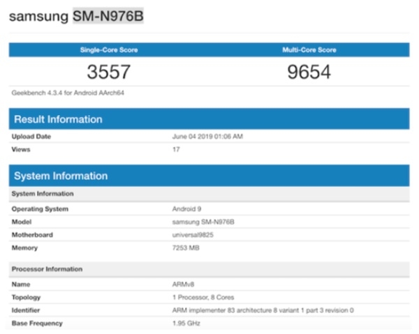 삼성전자 갤럭시노트10 5G버전 SM-N976B버전의 BMT결과(자료=기크벤치)