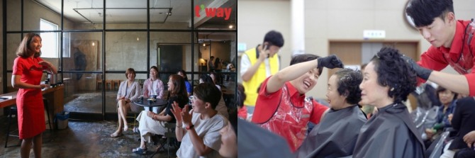 여성 소방관들이 지난 3일 서울 합정동 엔트러사이트 본점에서 커피문화 클래스와 심리강의를 받고 있다.(왼쪽), 티웨이항공 객실 승무원들이 지역 어르신들에게 머리 염색 등 다양한 재능봉사를 펼치고 있다.(오른쪽) 사진=티웨이항공