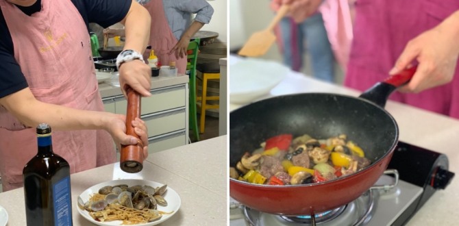 한 시중은행 직원들이 문화회식으로 쿠킹클래스에 참가해 음식을 만들고 있다. 사진=원더쿠킹