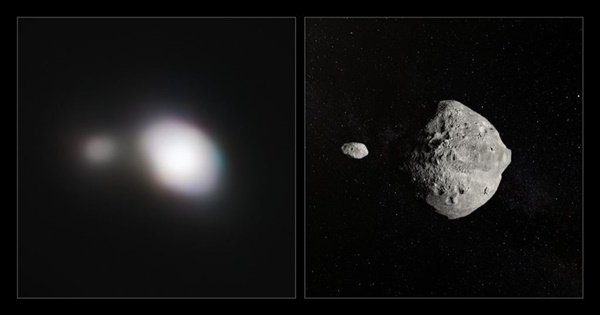 지난달 25일 지구와 달사이 거리의 13.5배 거리까지 지구로 접근한 시속7만km 속도의 쌍성 소행성 1999 KW4의 모습(왼쪽)과 이 모습의 실제모습을 추정해 그려낸 렌더링 (사진=ESA)