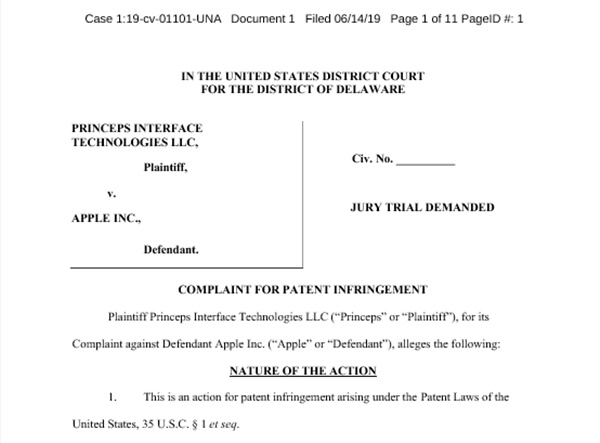 프린셉스인터페이스테크놀로지가 14일자로 미국 델라웨어 법원에 애플이  특허받은 키보드 조작 기술을 iOS에서 무단으로 사용했다며 소송을 제기했다. (사진=스크라이브드)