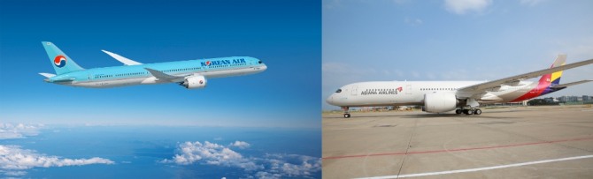 대한항공의 보잉787-10 항공기(왼쪽)와 아시아나항공의 A350 항공기(오른쪽). 사진=각 사 제공 