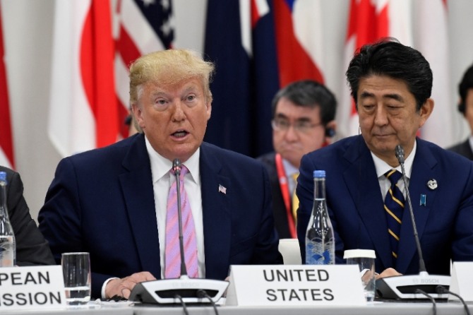 도널드 트럼프 미국 대통령이 28일(현지시간) 일본 오사카에서 열린 주요 20개국(G20)정상회의에 참석해 발언하고 있다. 사진=뉴시스