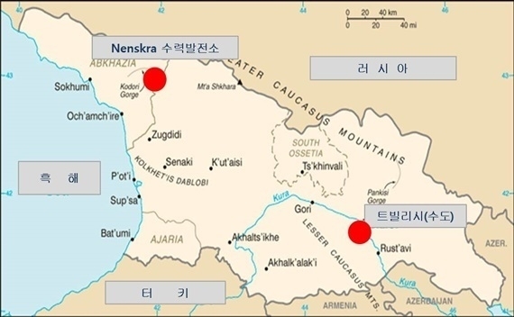 조지아 북서부 스와네티 지역 넨스크라 수력발전 댐 건설사업 위치도. 사진=한국수자원공사 