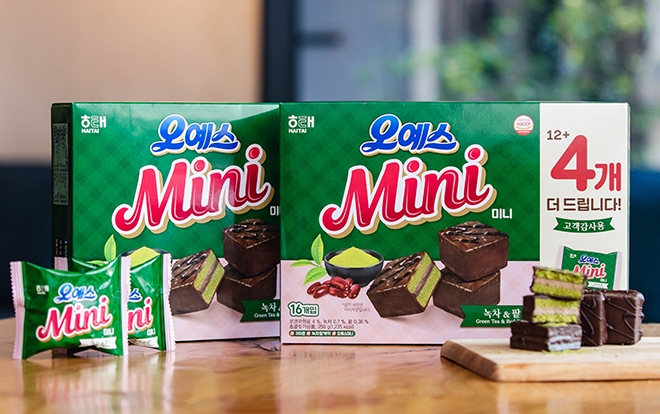 해태제과는 오예스 미니 2번째 맛으로 ‘녹차&팥’을 선보였다. 사진=해태제과