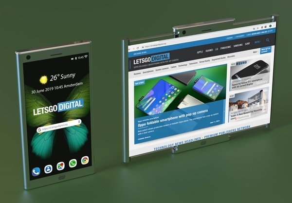 삼성디스플레이가 특허출원한 스마트폰. 왼족의 폰 좌우측면을 잡아당겨 화면을 늘리도록(오른쪽) 한 이른 바 폴드아웃 폰의 3D렌더링(사진=렛츠고디지털)
