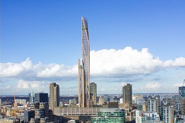 2016년 건축승인을 받은 영국 런던의 높이 300m, 80층짜리 초고층 목조 건축물 '오크우드' 조감도. 