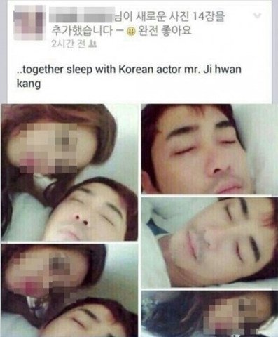 【서울=뉴시스】탤런트 강지환이 성폭행 혐의로 긴급체포되면서 필리핀 여성 침대 셀카 사건이 재조명되고 있다. 2014년 7월 한 필리핀 여성은 페이스북에 한국 배우 강지환과 함께 잠을 잤다라는 글과 함께 잠들어있는 강지환의 옆에 누워 찍은 사진을 올린 바 있다. 2019.07.10. (사진=온라인 커뮤니티)