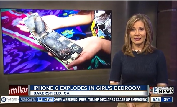 캘리포니아 베이커스필드의 11세 소녀가 자신의 발화돼 타버린 아이폰6를 들어보이고 있다. (사진=KTNV13 라스베이거스)