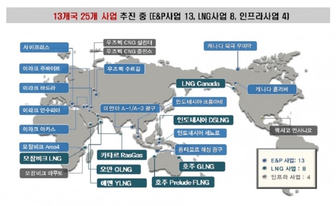 한국가스공사의 해외사업 현황(2019년 1월 기준). 사진=한국가스공사