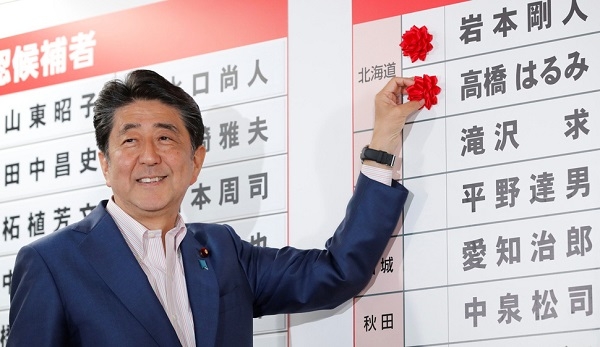 아베 신조 일본 총리가 21일 치러진 참의원 선거에서 당선이 예상되는 후보자들의 이름 옆에 장미꽃 리본을 붙이고 있다. 사진=로이터/뉴스1 