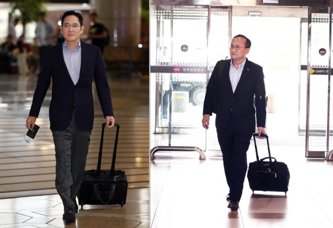 이재용 삼성전자 부회장(사진 왼쪽)과 이석희 SK하이닉스 대표이사가 일본 수출규제 대응책을 마련하기 위해 각각 김포공항에서 일본으로 출국하고 있다. 사진=뉴시스, SK하이닉스 제공
