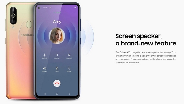 삼성전자 갤럭시A60의 스크린스피커 기능 설명.(사진=삼성전자 웹페이지)