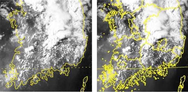천리안위성1호가 지난 15일 촬영한 서해안 대류운 발생영상(왼쪽)과 천리안 위성 2A호가 10일 촬영한 영상(사진=과기정통부)