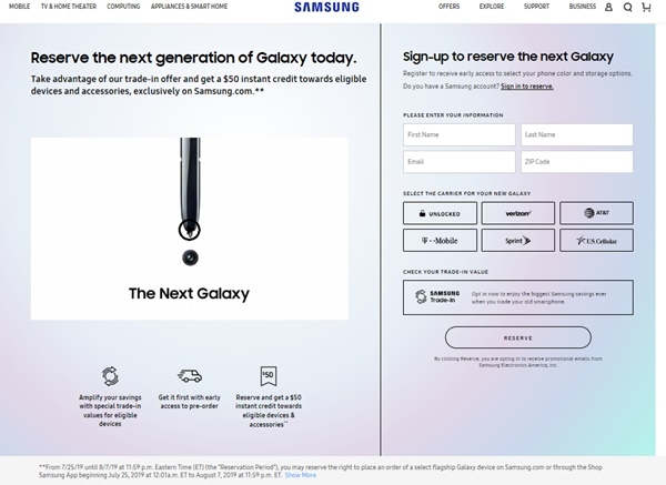 삼성전자는 삼성미국법인 홈페이지를 통해 예약판매를 하고 있다.(사진=삼성미국법인)