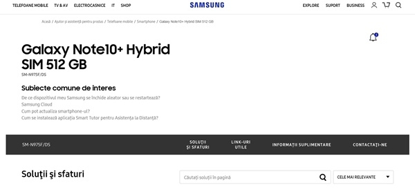 삼성 루마니아 법인 홈페이지는 갤럭시노트10플러스의 512GB버전이 나올 것임을 보여준다.(사진=삼성 루마니아 홈페이지) 