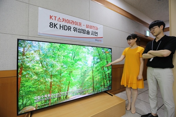 삼성전자와 KT스카이라이프 관계자가 8K 위성 방송을 2019년형 삼성 QLED 8K 82형을 통해 시청하고 있다. (사진=삼성전자)