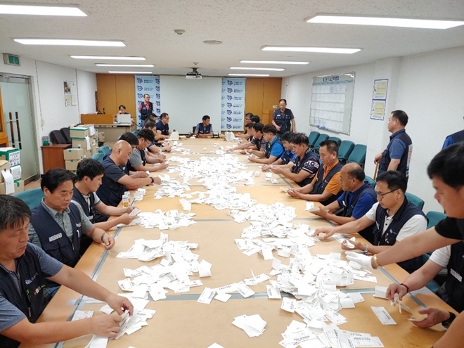 현대자동차 노조가 지난 29일부터 울산공장에서 파업 찬반투표를 실시한 후 30일 오후 울산공장 노조 회의실에서 개표작업을 진행하고 있다.  사진=뉴시스