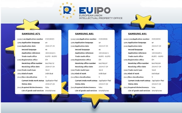 삼성전자가 내년도 중저가 갤럭시스마트폰 명칭으로 예상되는 갤럭시A11부터 10단위로 올려가며 갤럭시A91까지 9개 상표명을 EUIPO에 등록신청했다. (사진=렛츠고디지털)