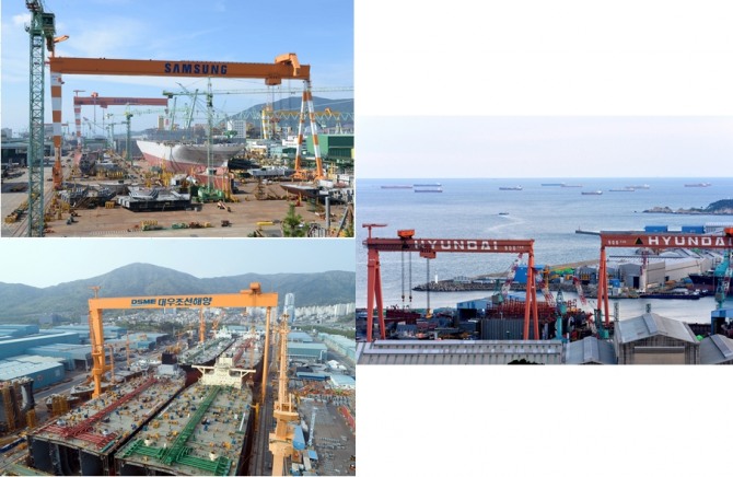 삼성중공업(좌 상단), 대우조선해양(좌 하단), 현대중공업 조선소 부지. 사진=뉴시스
