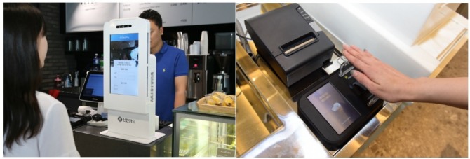 신한카드가 최근 도입한 '페이스페이'(왼쪽)와 롯데카드가 2017년 도입해 일부 가맹점에 도입하고 있는 '핸드페이' (사진=신한카드, 롯데카드)