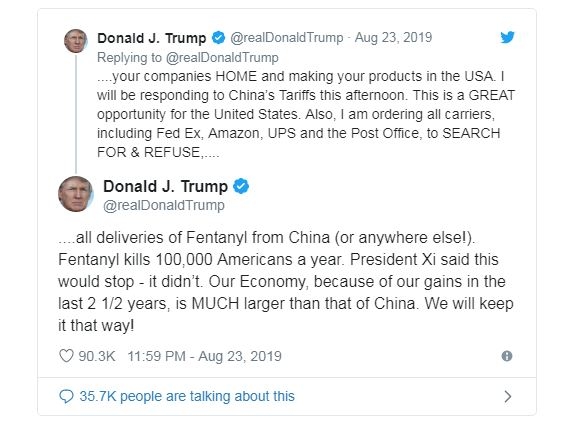 중국산 펜타닐 수입 검색을 강화할 것을 지시하는 도널드 트럼프 미국 대통령의 트윗
