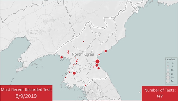 북한의 미사일 발사 장소와 회수.사진=CNS/NTI