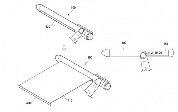 LG전자가 지난해 7월 특허 등록한 바 있는 롤러블 화면 탑재 스마트펜 스케치. 사진=gsm아레나