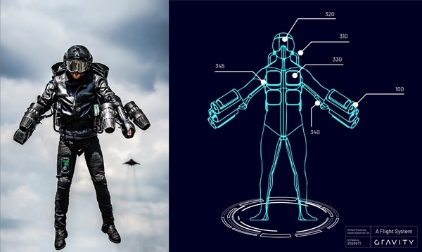 영국 발명가 리처드 브라우닝이 자신의 특허(오른쪽)를 바탕으로 만든 제트슈트(아이언맨 슈트). 1.3km비행에 성공했다고 데일리메일이 보도했다.사진=그래비티 인더스트리