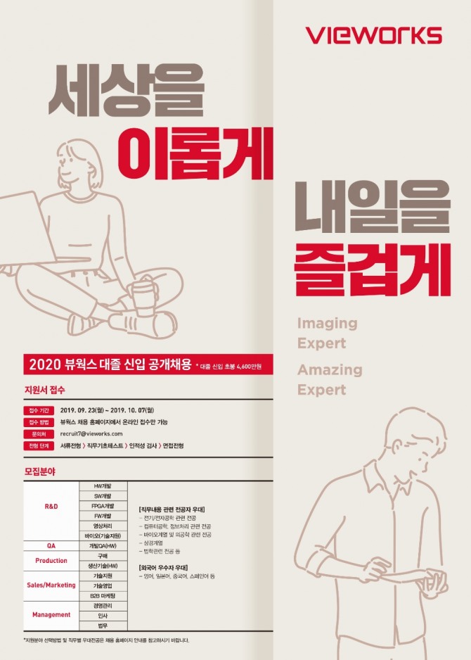 뷰웍스가 10월 7일까지 '대졸 신입사원' 공개채용을 실시한다. 사진=뷰웍스