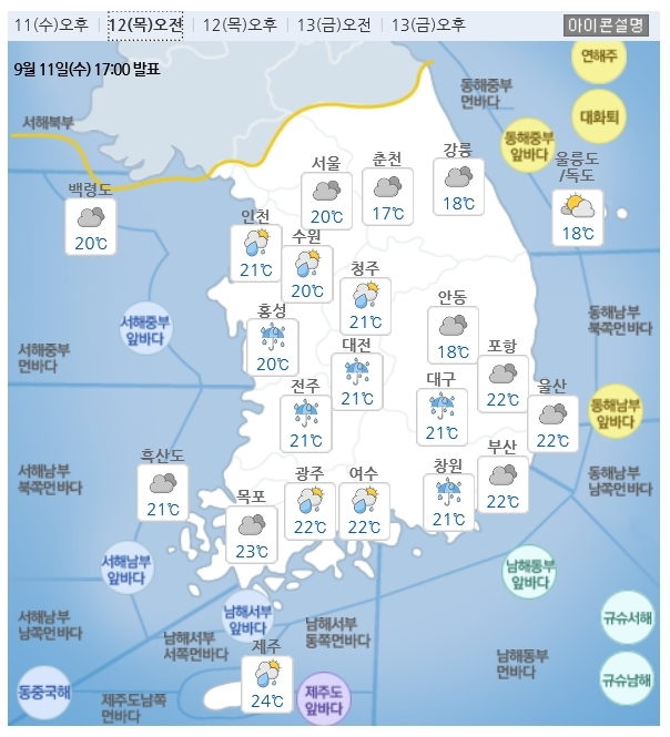 12일 추석 연휴가 시작된 가운데 추석전날인 12일과 당일인 13일에는 전국 대부분 지방에 짙은 안개가 낄 수 있어 귀성·귀경길 교통 안전에 유의해야 한다. 기대하던 보름달은 추석날 볼 수 있을 것으로 전망됐다. 12일 오전 일기예보. 그림=기상청