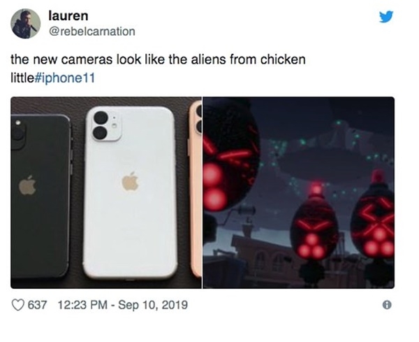 애플 아이폰 트리플 카메라가 치킨 리틀에 등장하는 외계인같다며 올린 트윗. 사진=트위터 
