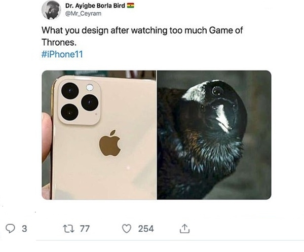 미드 왕좌의 게임에 나온 세눈박이 새를 이용해 애플의 트리플카메라를 조롱한 트윗. 사진=트위터