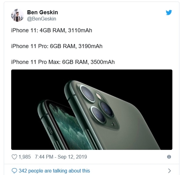 유명한 스마트폰 정보 사전 유출자인 벤 게스킨은 애플의 최신 아이폰10프로와 아이폰10프로 맥스의 램 용량이 4GB가 아닌 6GB라고 주장하고 있다. 사진=트위터 