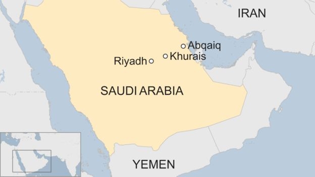 예멘과 사우디아라비아의 아바이크 정제단지와 쿠라이스 유전. 사진=BBC