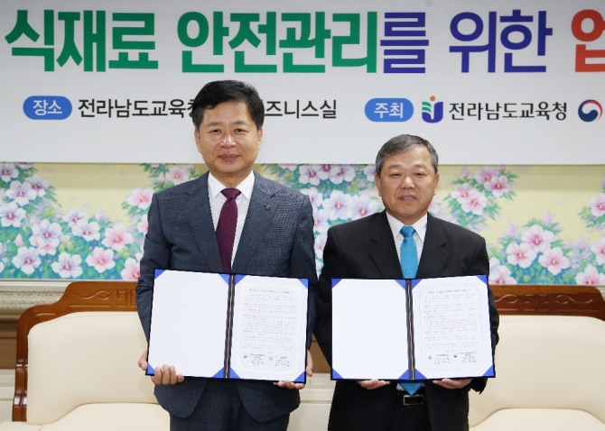 장석웅전남교육감(왼쪽)은 17일 박중신국립농산물품질관리원전남지원장(오른쪽)과 협약을 체결했다. /전남도교육청=제공